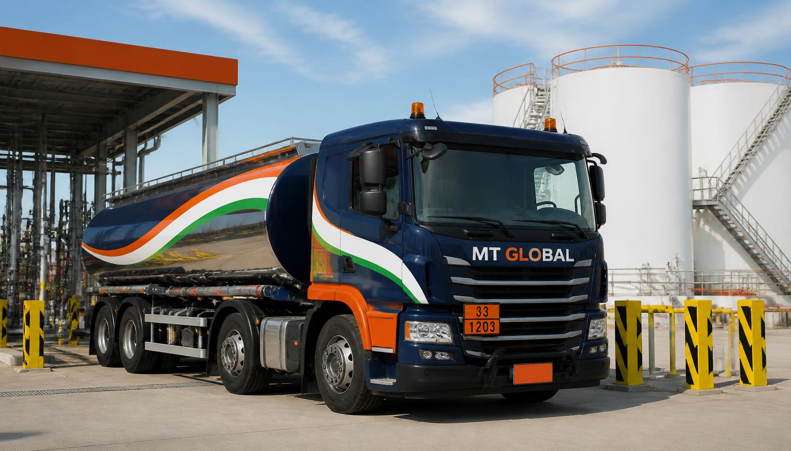 MT Global branded petroleum tanker at a fuel distribution depot