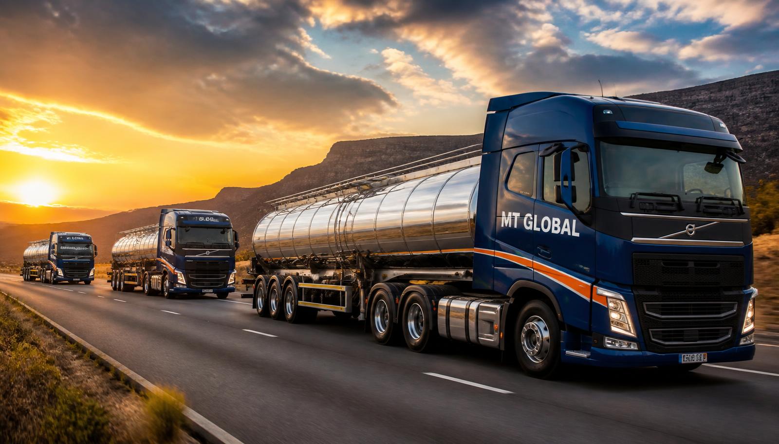 Fleet of three MT Global branded petroleum tankers travelling on a South African highway