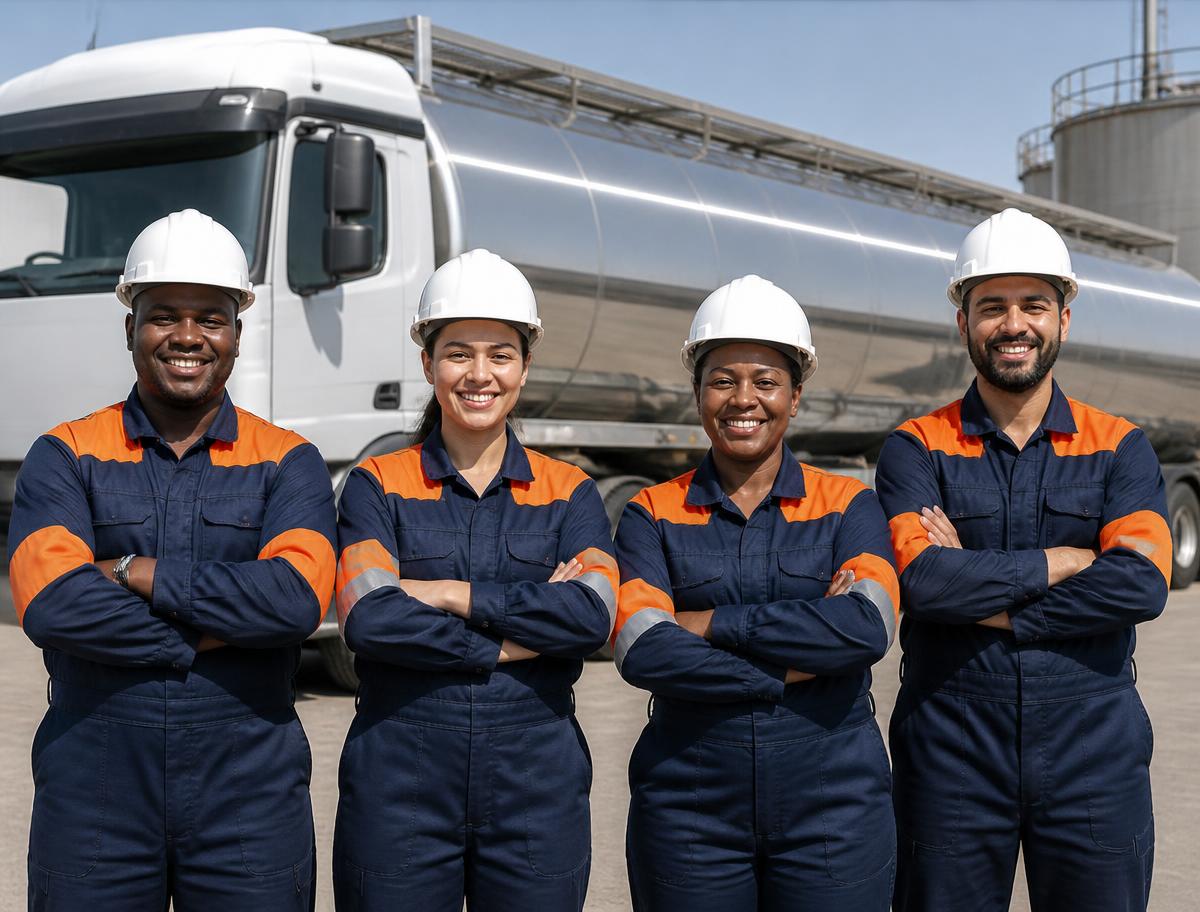 MT Global petroleum distribution team wearing navy and orange branded safety clothing
